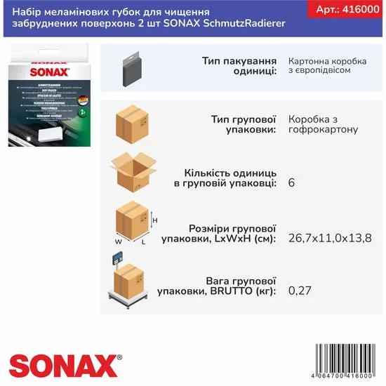 Набір меламінових губок для чищення забруднених поверхонь 2 шт SONAX SchmutzRadierer (416000), зображення 7
