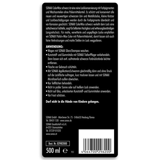 Цветной жидкий воск чёрный 500 мл SONAX ColorWax Schwarz (298200), изображение 4