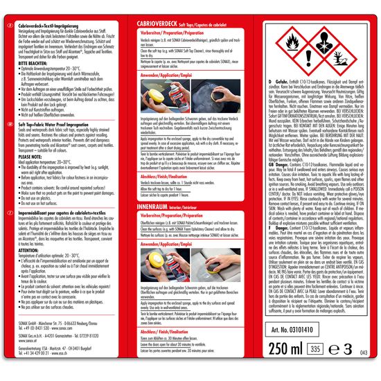 Комплект із засоба для захисту дахів кабріолетів із тканини 250 мл та аплікатора SONAX Soft Top + Fabric Water Proof Impregnation (310141), зображення 3
