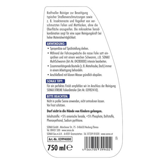 Очисник полімерних плівок та матових фарб 750 мл SONAX XTREME Folien Reiniger (399400), зображення 3