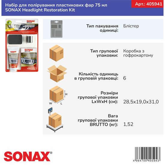 Набір для полірування пластикових фар 75 мл SONAX Headlight Restoration Kit (405941), зображення 13