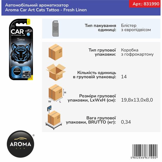 Автомобільний ароматизатор Aroma Car Art Cats Tattoo - Fresh Linen (831990), Аромат: Fresh Linen, зображення 2