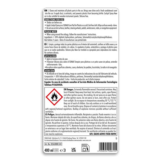 Очисник пластику глянцевий 400 мл SONAX Cockpitpfleger - New-car (356300), Об’єм: 400 мл, Аромат: Новий автомобіль, зображення 4