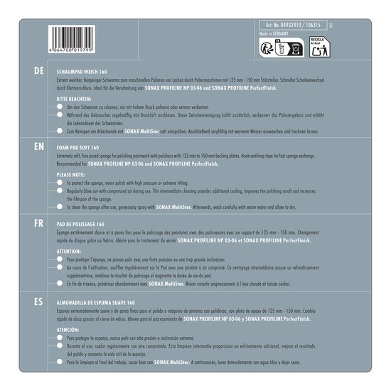 Круг полірувальний сверхм’який для фінішної поліровки сірий 160 мм SONAX Super Soft Fine-Pored Sponge (493241), зображення 3