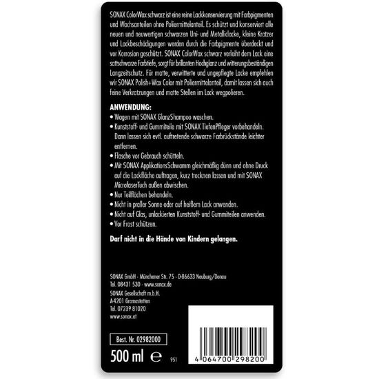 Цветной жидкий воск чёрный 500 мл SONAX ColorWax Schwarz (298200), изображение 3