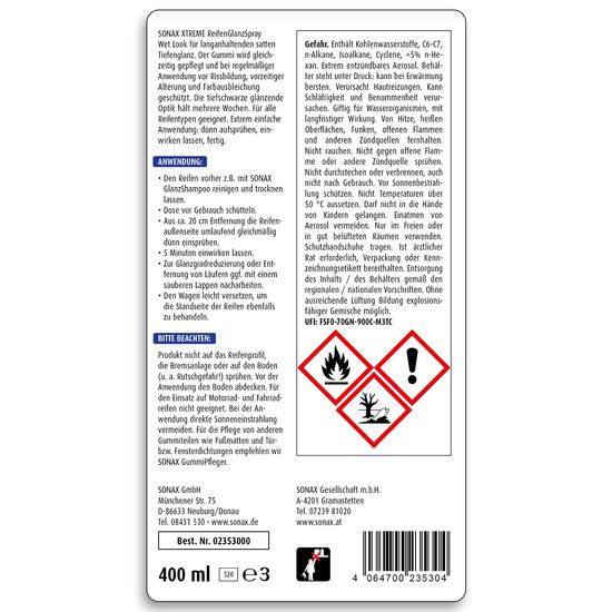 Засіб по догляду і чорнінню шин глянцевий 400 мл SONAX XTREME Reifenglanzspray Wet Look (235300), зображення 3